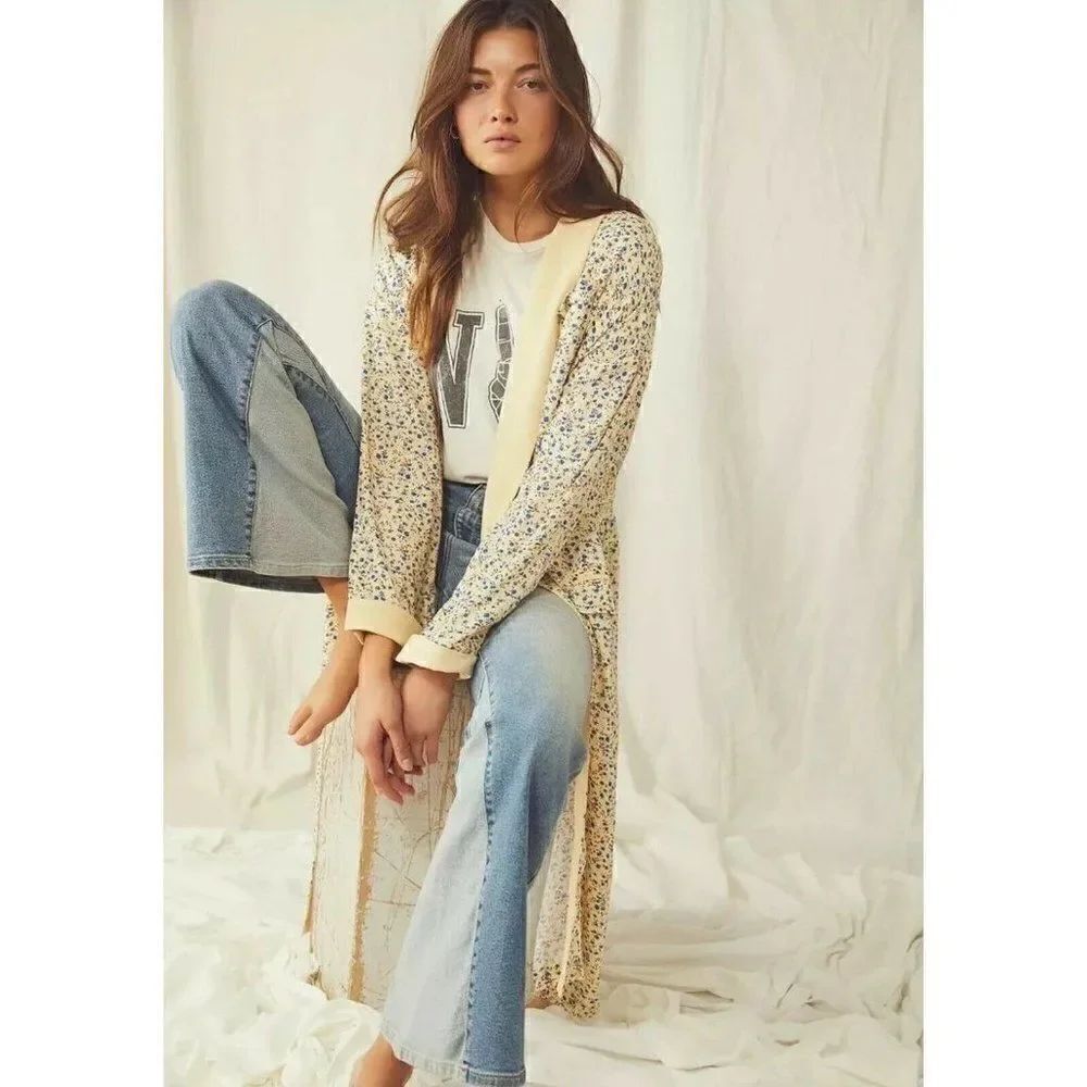 NEW FREE PEOPLE WILD NIGHTS DUSTER MAXI KIMONO PRINTED JACKET DITSY FLORAL